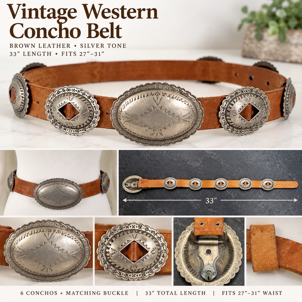 Vintage Western Concho Belt Brown Leather Silver Tone Engraved 33" Cowboy Boho